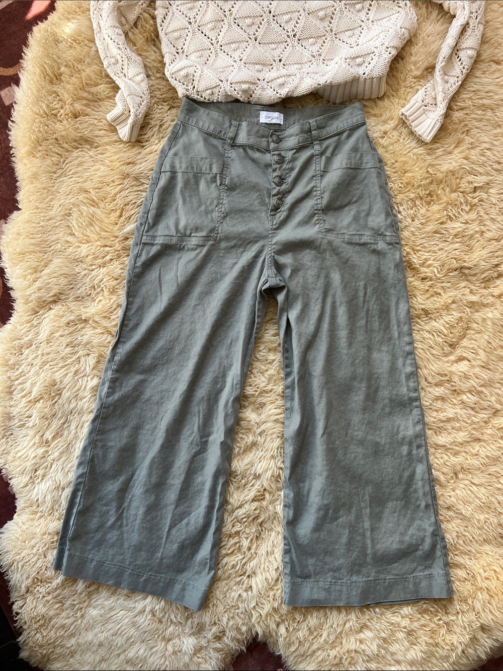 Evereve Wide Leg Sage Green Button Fly High Waisted Linen Blend Pants